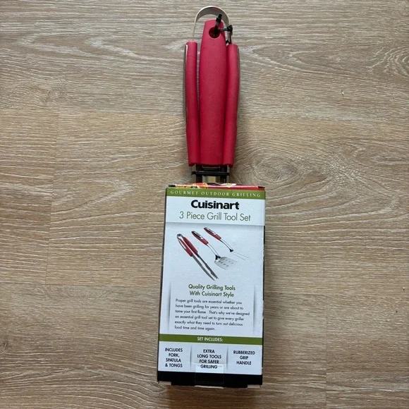 NEW Cuisinart 3 Piece Grill Tool Set Red Rubberized Handles Fork Spatula Tongs - Picture 4 of 7